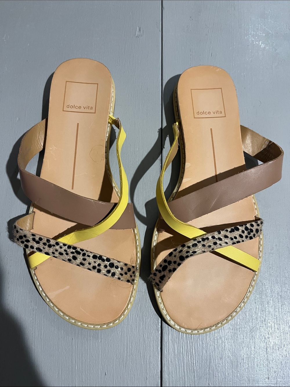Dolce Vita Yellow, Brown and Animal-Print Slide Sandals